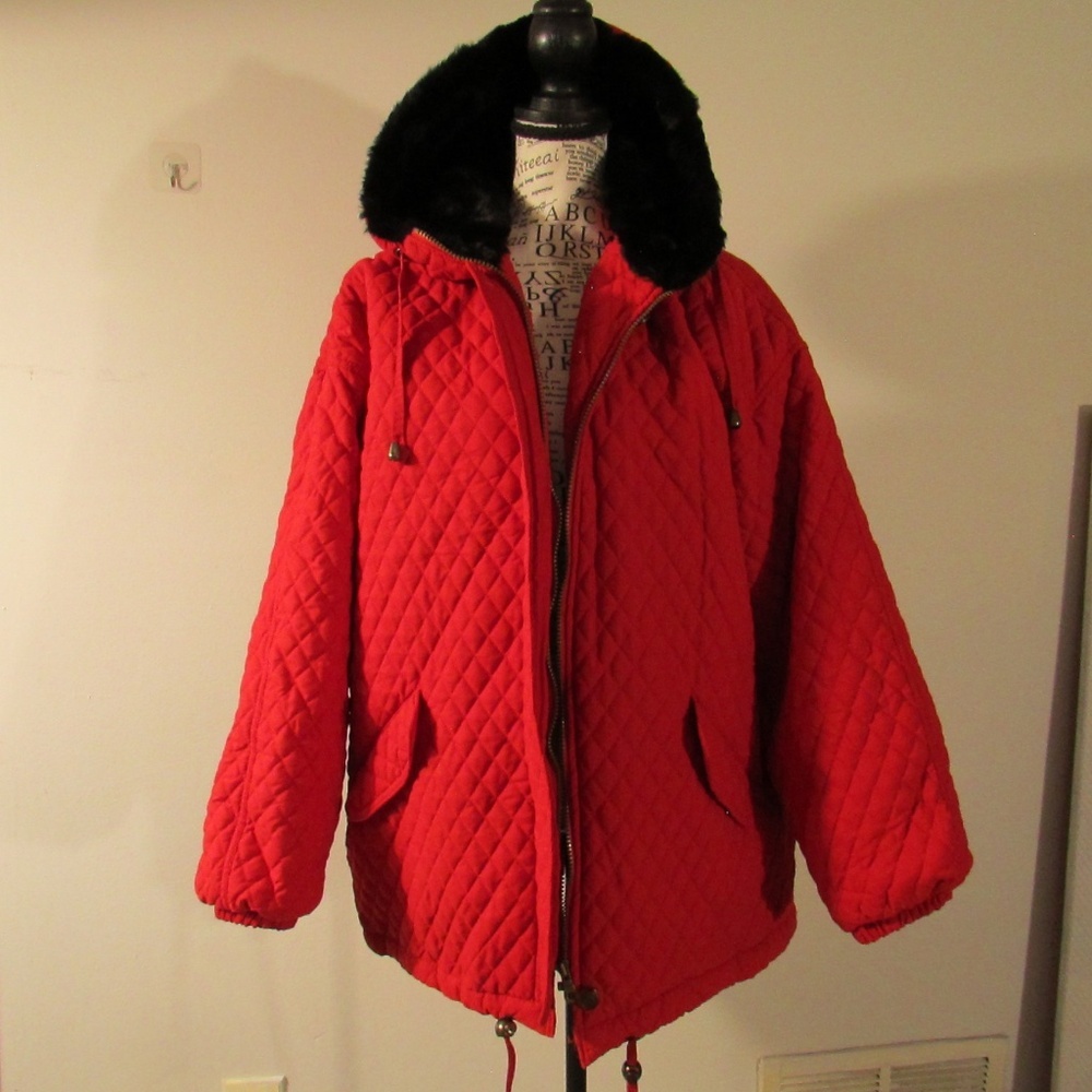 Red Quilted Puffer Jacket with Black Hood